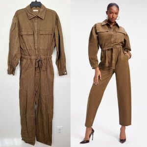 Good American Good Cinched Elasticized Long Sleeve Jumpsuit Fog Brown Sz 2 NEW